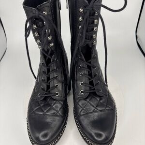 Vince Camuto Boots Mid-Calf Biker Shoe Black Leather Quilted VC Joanie Size 7